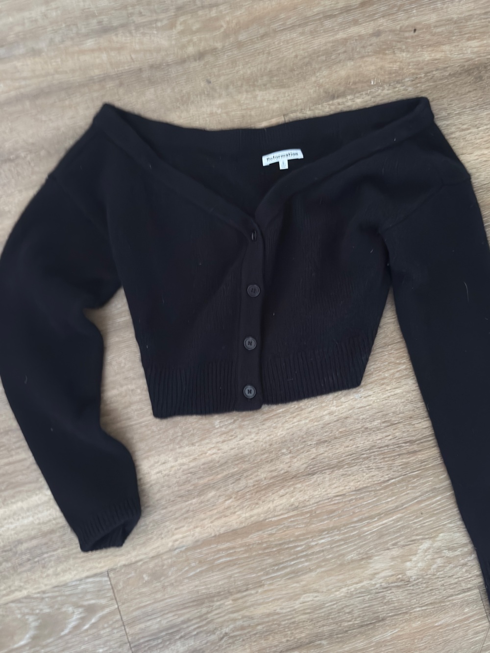 Reformation Black Cropped Off-Shoulder Button Cardigan